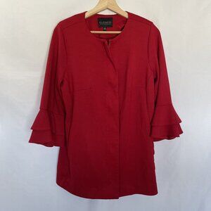 Eloquii Red Long Sleeve Ruffle Detail Knee-Length Jacket With Front Zipper Closu